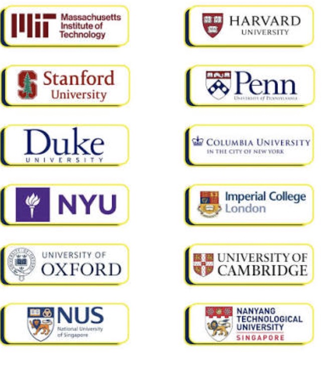 Logos including MIT, Harvard, Stanford, Penn, Oxford, Cambridge, NUS, and Imperial College London